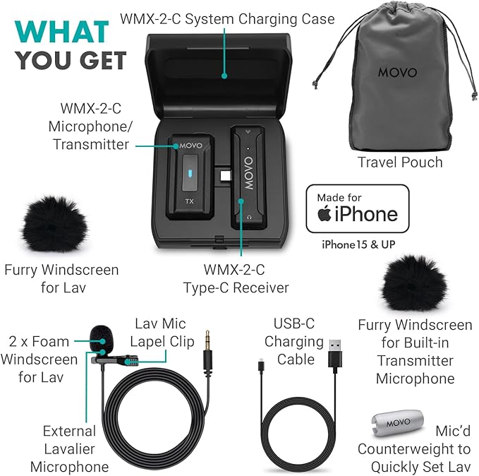 Movo WMX-2-C Wireless Microphone for iPhone 15/16 with Charging Case - 7HR Battery Wireless Lavalier Microphone for iPhone 15/16-328' Range USB C Lapel Mic