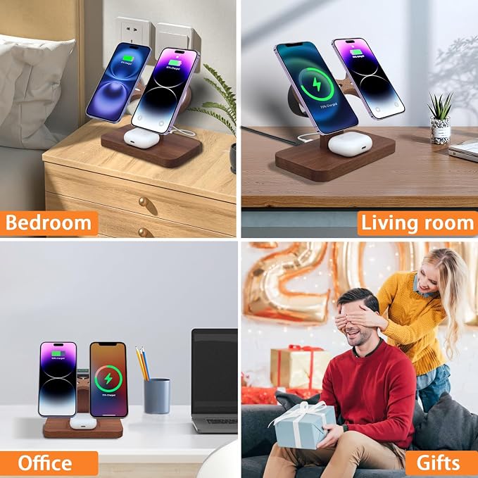 3 in 1 Wireless Charging Station for Apple Devices 24W Dual Phone Charging Station for 2 iPhone 17 16 15 14 13 12 Series iWatch 11 10 9 8 7 6 5 4 AirPod Magnetic Wireless Phone Charger Stand