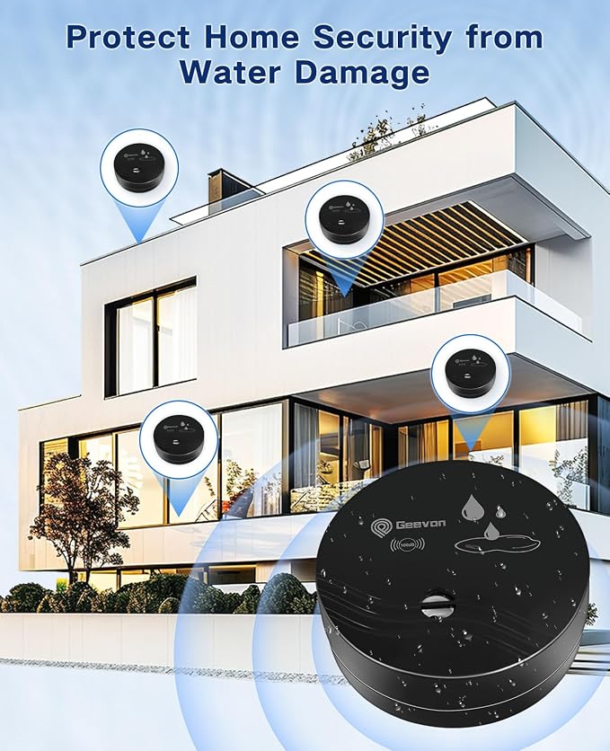 Geevon 2 Pack Water Leak Detectors, 100dB Water Sensor Alarms Flood Detector for Basements, Bathrooms, Laundry Rooms, Kitchens, Garages, and Attics, Water Alarms Battery-Operated (Battery Included)