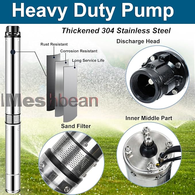 4" Deep Well Submersible Pump, 1 HP, 110V, 60 Hz, 33 GPM, 276FT Max Head, Stainless Steel Well Pump with Check Valve & 100 Feet Long Electric Cord,M#07