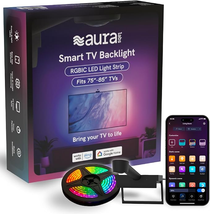 Aura Labs Smart TV Backlight Sync to Screen for 70-85 Inch TV - Camera-Based Color Match - Backlighting for TV - Voice and App Control - RGB LED Strip Light - LED Lights for TV
