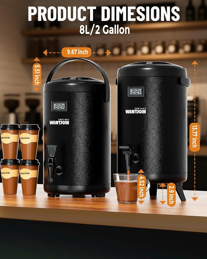 WantJoin Insulated Beverage Dispenser - Thermal 8L/2Gal Stainless Steel Hot & Cold Drink Dispenser with Spigot for Tea, Coffee, Milk, Water & Juice (Black)