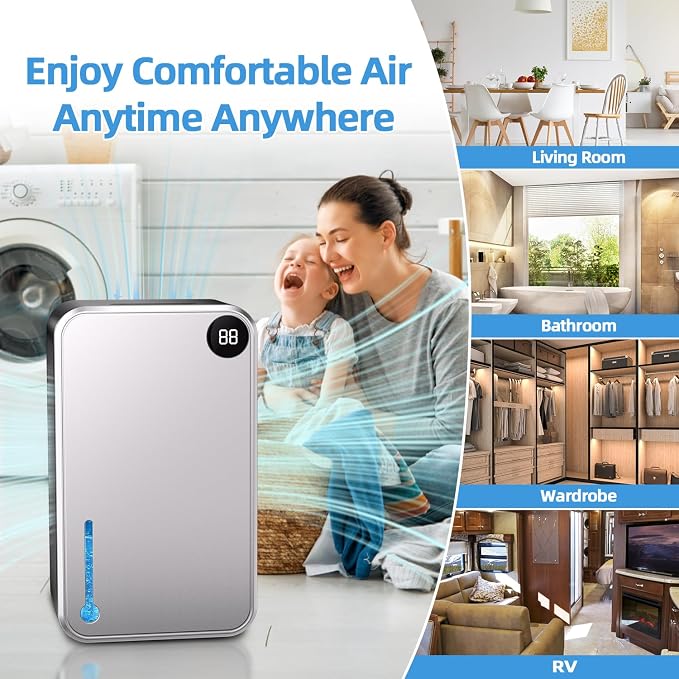 Dehumidifier, 55OZ Dehumidifiers for Home, Quiet with Auto Shut Off, Humidity Display Dehumidifier for Bedroom/Bathroom, Timer, Drain Hose, 7-color LED light, Moisture Absorbers (Grey)