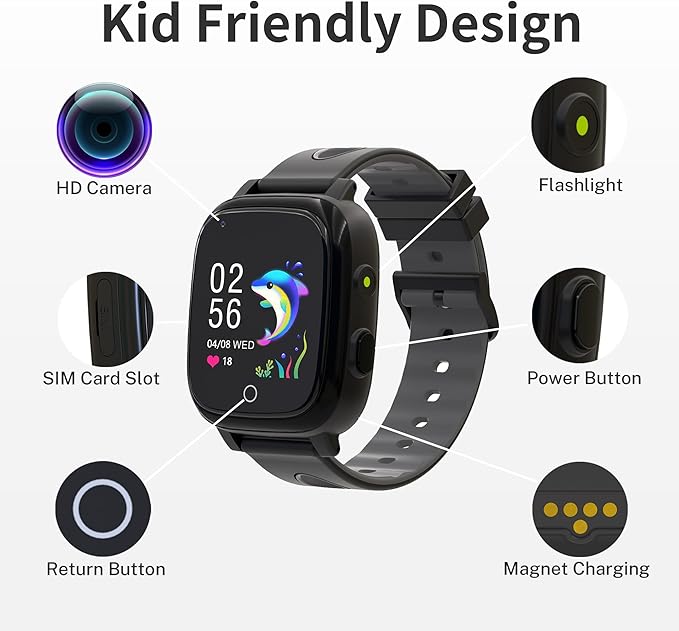 4G Kids Smart Watch Boys with GPS Tracker Phone/Video Call Alarm SOS Camera Pedometer Stopwatch Caculator Flashlight GPS Watch for Kids Age 5-12
