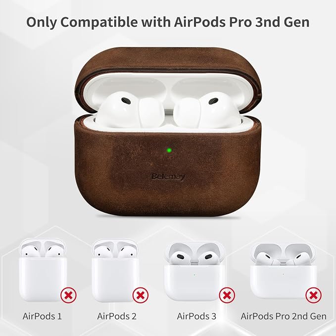 Belemay Handcrafted Crazy Horse Leather Case for AirPods Pro 3rd Gen (2025), Vintage Aesthetic, Two-Tone Effect, Unique Patina, Compatible with MagSafe, Compatible with Airpods Pro 3, Rustic Brown