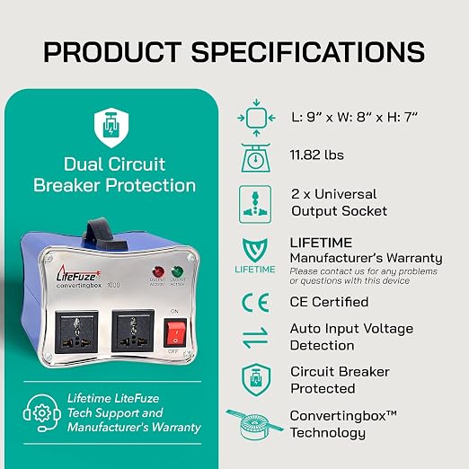 LiteFuze 1000W Voltage Converter Step-up/Down Auto Power Transformer - 110/120v to 220/240v - Heavy Duty – Circuit Breaker Protection – Converting Box Technology - Blue