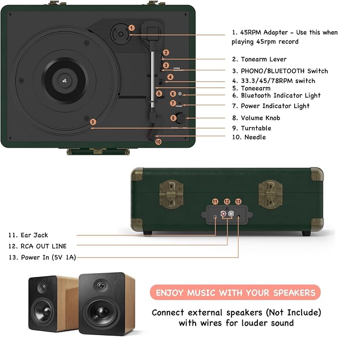 Vinyl Record Player 3 Speed Bluetooth Portable Suitcase Belt-Driven Record Player with 2 Built-in Stereo Speakers Vinyl Vintage Turntable Records Player with RCA Line Out, AUX Out (Dark Green)