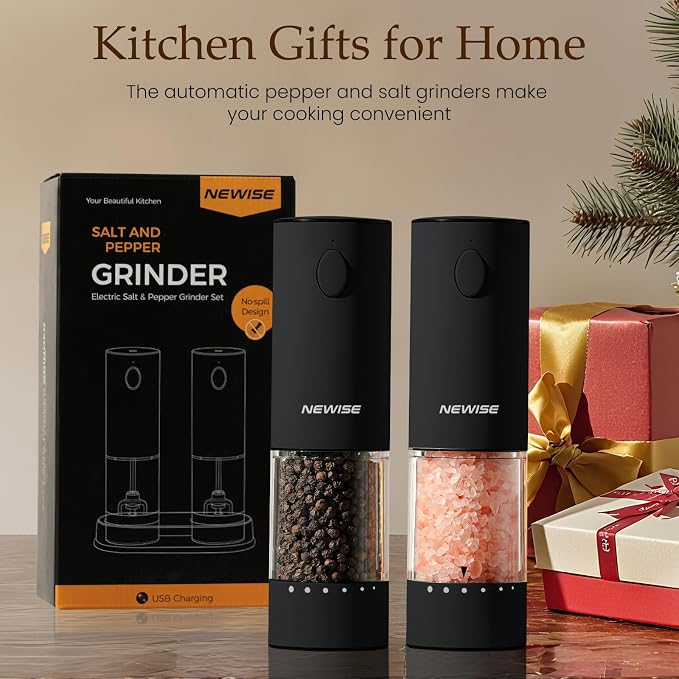 Newise Electric Salt and Pepper Grinder Set, Rechargeable Pepper Mills with LED Light & External Coarseness Adjustment, Kitchen Gadgets for Mom Home Cooks & Families - Black