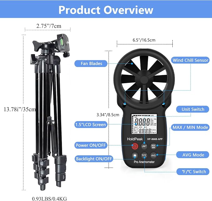 HoldPeak Handheld Anemometer Bluetooth with Tripod, Digital Wind Speed Gauge Meter, Air Flow Velocity Temperature CFM Measuring Device for HVAC Outdoor Sailing Shooting Golf, 866B-APP