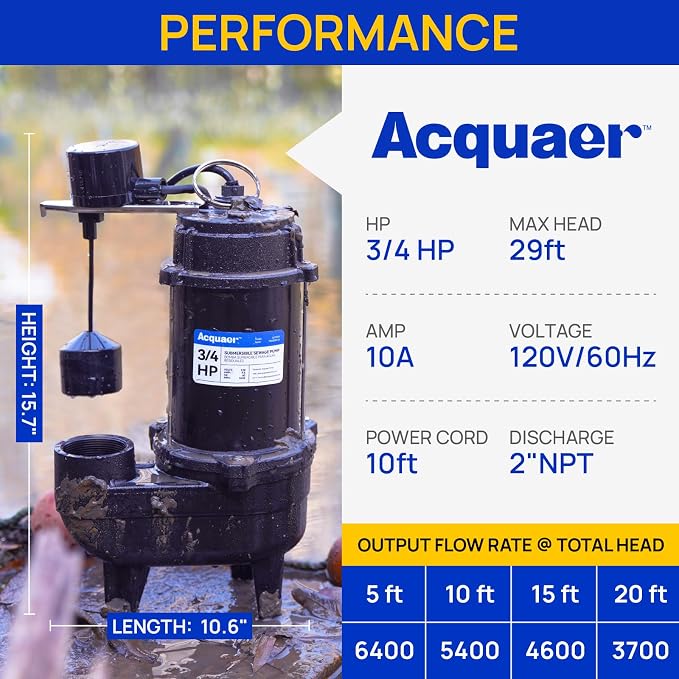 Acquaer 3/4HP Sewage Pump Submersible, 6400 GPH Cast Iron with Automatic Integrated Vertical Float Switch and Piggyback Plug, 2'' NPT Discharge Basements Pump for Wastewater, Sewer