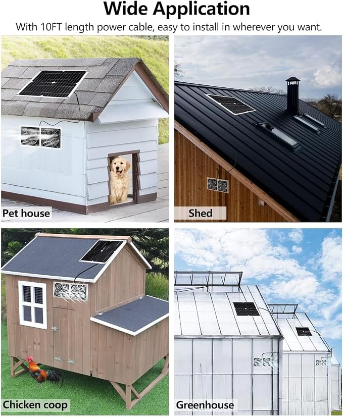 Solar Powered Fan, 25W Solar Fan for Chicken Coop, Solar Exhaust Fan for Greenhouse, Shed, Pet Houses, Outside with Two 5In IP65 Waterproof Fans, 10Ft Cable, On/Off Switch, Intake or Exhaust