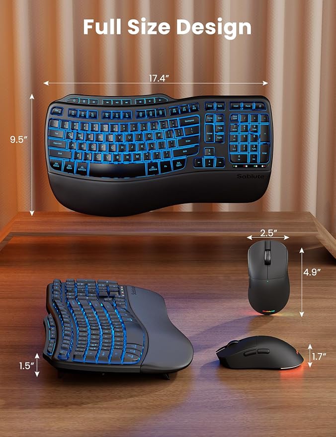 SABLUTE Ergonomic Wireless Keyboard and Mouse Combo, Rechargeable 4000mAh Backlit Keyboard with Soft Faux Lambskin Palm Rest, Wave Keys for Natural Typing, Compatible with Windows/Mac/Chrome OS
