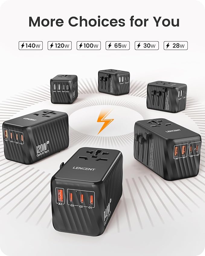 LENCENT Universal Travel Power Adapter, International AC Plug Adaptor with 5.6A 3 USB C 2 USB A Ports Wall Charger Worldwide Travel Essentials for US to EU UK Ireland Australia (Type C/G/A/I) Black