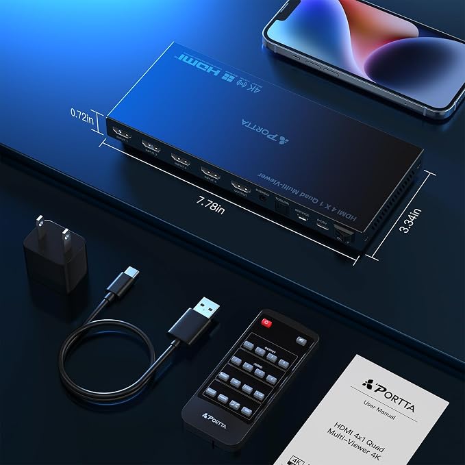 4K HDMI Multiviewer Switch 4x1 with PIP, PORTTA Quad Multi Viewer Seamless Switcher 4 in 1 Out with Toslink, 3.5mm Audio Output Support 4K 30Hz, 6 Viewing Modes, Downscaler, Compatible with PS4 Xbox