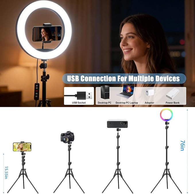 𝗡𝗲𝘄𝗲𝘀𝘁 13" Selfie Ring Light with 63" Stand and 3 Phone Holder, 53 Lighting Modes, iPad Holder, Remote, Desk Tripod, RGB Ringlight for iPhone. Vlogging Circle Led Halo Light Photo Video Kit