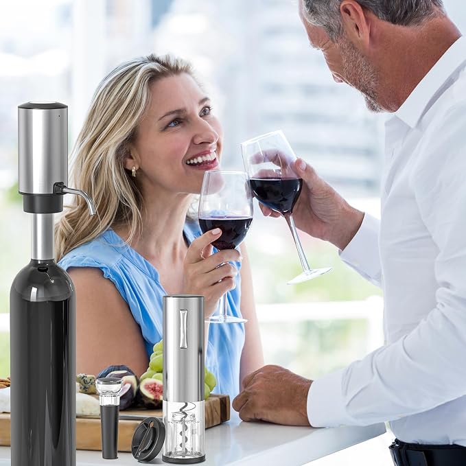 Wine Gifts-Electric Wine Opener and Aerator Set- Rechargeable Wine Dispenser Pourer, Wine Bottle Opener with Led Light, Foil Cutter, Vacuum Stoppers,Silver Set