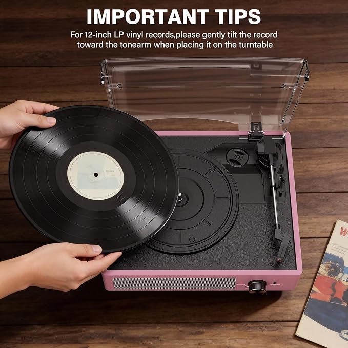 Record Player with Speakers Belt-Driven Vintage Turntables 3 Speed 3 Size Wireless Bluetooth Playback AUX-in RCA Out Headphone LP Vinyl Players Auto Stop Purple Pink