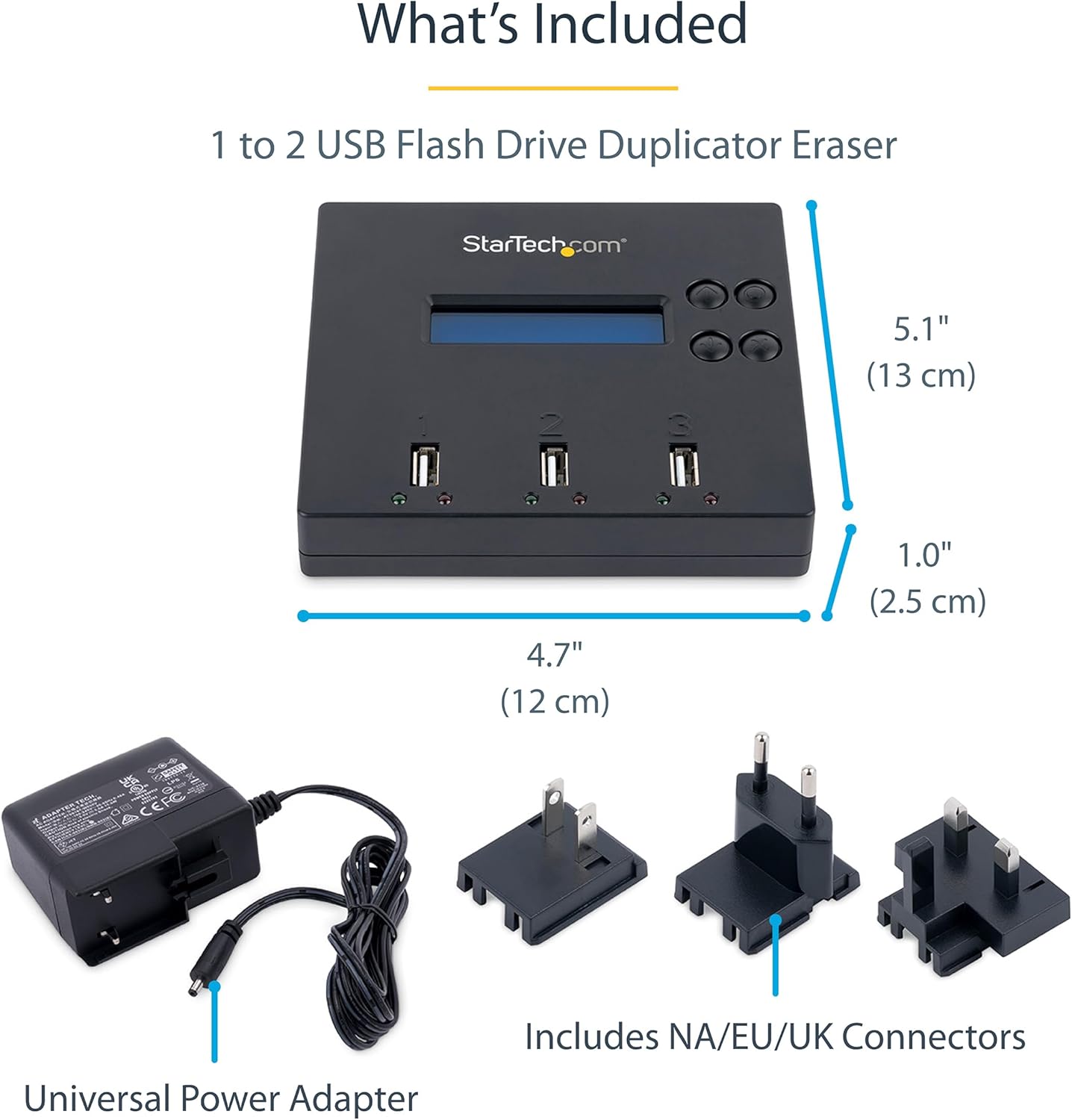 StarTech.com Standalone 1 to 2 USB Flash Drive Duplicator / Cloner / Eraser, Multiple USB Thumb Drive Copier / Sanitizer, System File / Sector-by-Sector Copy, 1.5 GB/min, 3-Pass Erase, LCD, TAA