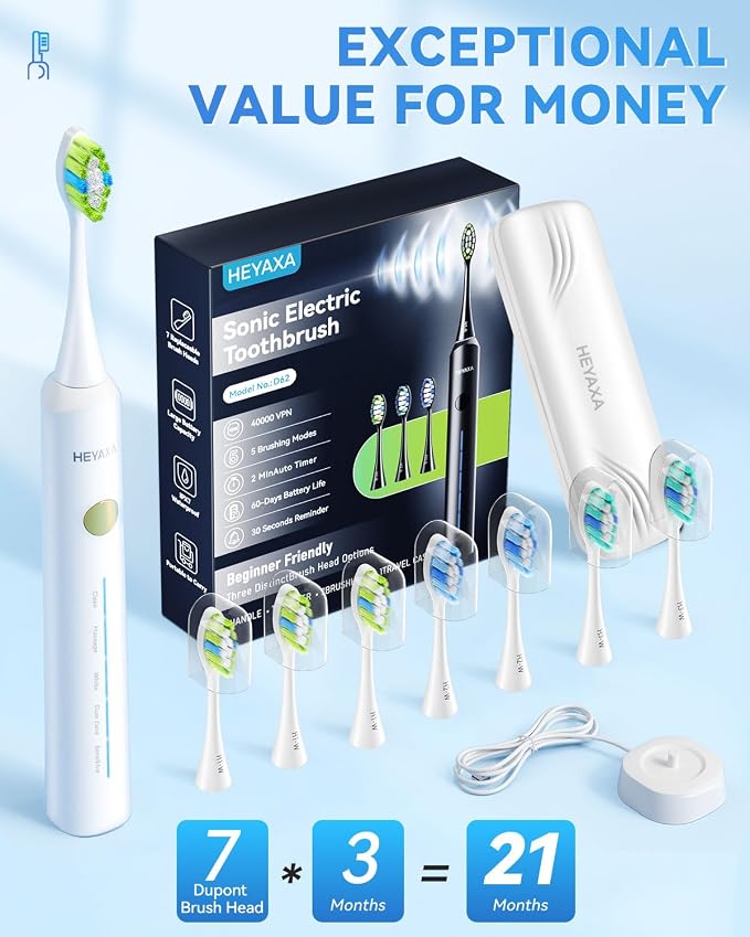 Sonic Electric Toothbrush with 40000VPM Cleaning Power for Adults&Kids, 60-Day Battery Life Rechargeable Power Toothbrush with 5 Modes, 2-Min Smart Timer, 7 Brush Heads & Travel Case (White)
