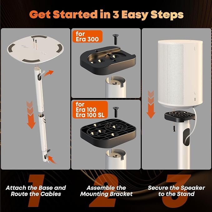 Speaker Stands for Sonos Era 100 SL, Era 100 & Era 300-29.1''–39'' Height Adjustable Floor Stands, Dual-Mount Base Design, Concealed Cable Management, 11 lbs Max Load, Pack of 2, White