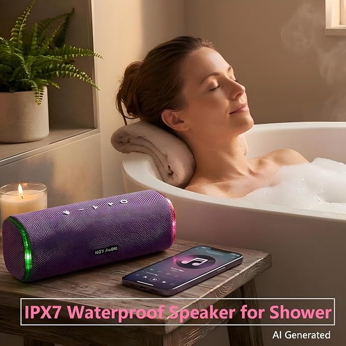 40W Bluetooth Shower Speaker, IPX7 Waterproof Floating Pool Speaker with Interactive Tap-to-Play Drum Beats, 25H Playtime, LED Lights, Built-in Mic for Hands-Free Calls in Bathroom, Purple