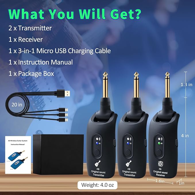 A9 Wireless Guitar System 2.4GHz Built-in Rechargeable Lithium Battery 270°Rotate Audio Wireless Transmitter Receiver for Guitar Bass Violin Keyboard Electric Instruments (IK-L0AM-OVFE)