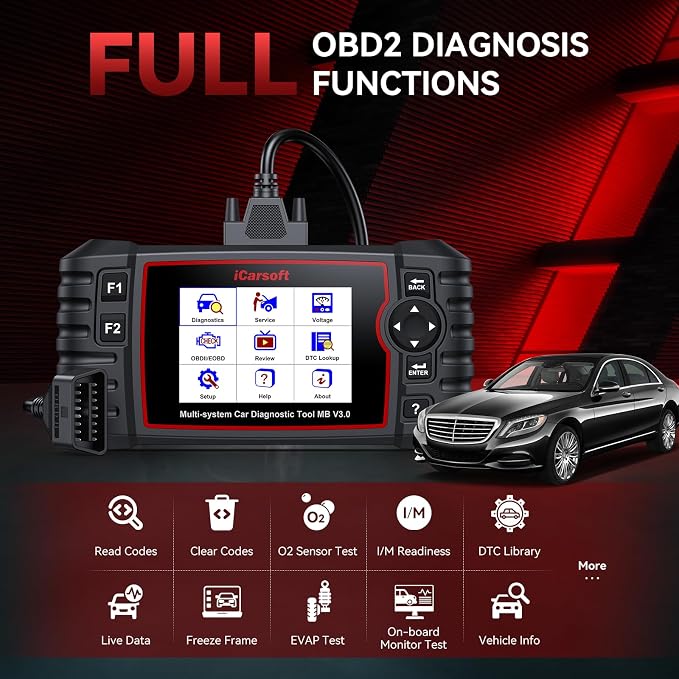 iCarsoft MB V3.0 Bidirectional Diagnostic Tool for Mercedes-Benz/Sprinter/Smart/Maybach 38+ Service All Systems OBD2 Scanner Quick Scan Battery Test Full Actuation Test Auto VIN Free Lifetime Update