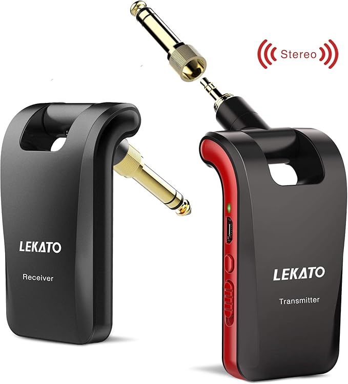 LEKATO Wireless Guitar System 2.4GHz Rechargeable Audio Wireless Transmitter Receiver 6 Channels for Guitar Bass Electric Instruments, Stereo and Mono 1/4” & 1/8” 2 in 1 Plugs,Black(WS-60)