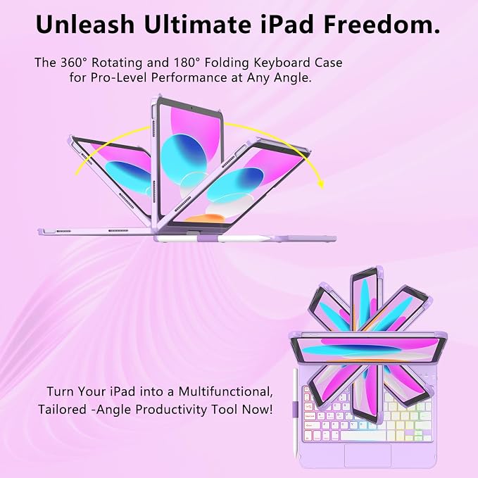 For iPad 11th Generation/10th Generation Case with Keyboard,Touch Keyboard for iPads A16 /10th Gen 10.9 inch 2022 - 10 Color Backlight, 360° Rotatable Protective Case for iPad A16 with Pencil Holder