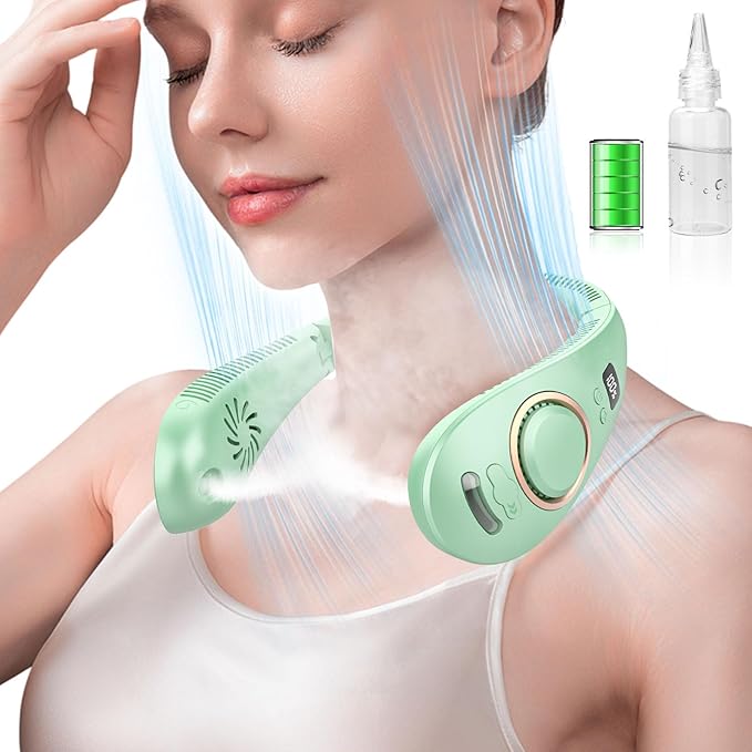 Personal Fan Neck Fan Mister-Fold away Wearable around the Neck Fan, Cordless Bladeless Personal Cooling Device,Neck Coolers for Women Men Kids Dad Mom Extremely Hot Weather Indoor Outdoor Green