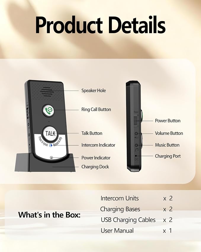 Intercoms Wireless for Home, Long Range Wireless Intercom System for Room to Room Communication, 2 Way Voice Intercom for Elderly, Seniors, and Kids (Shadow Black)