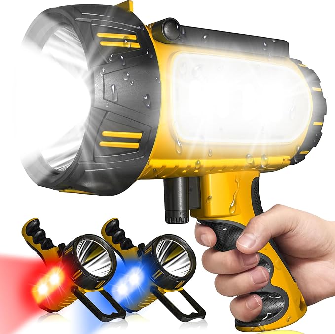 2026 New 3000,000 Lumen Super Bright Spotlight,10000mAh Rechargeable Flashlight Handheld Spotlight,Spot Light Outdoor Runtime 72+ Hrs,Flashlight Searchlight Flood Camping Hunting Boating with Tripod