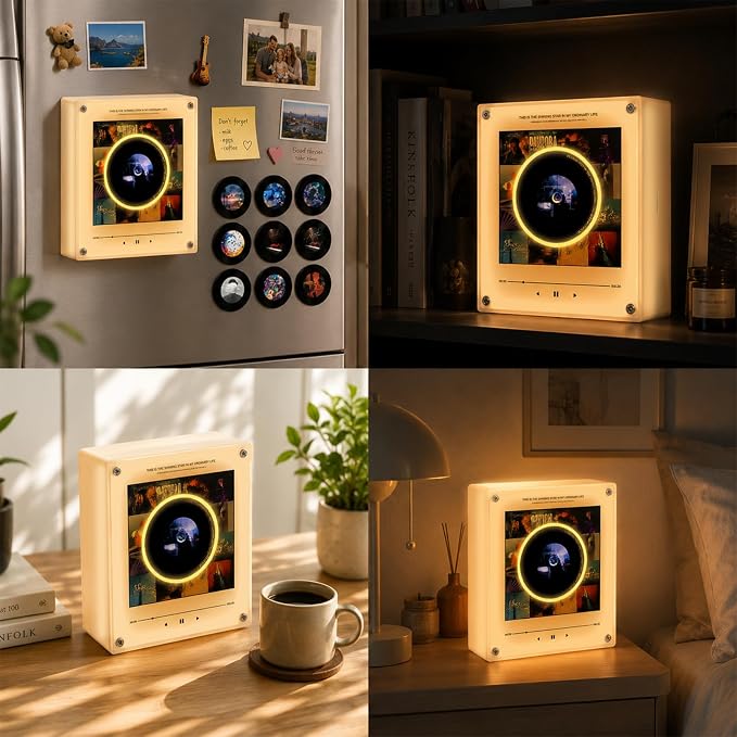 Music Refrigerator Magnets with NFC Records Player Set, Include 9 Programmable Retro Vinyl Records Refrigerator Magnets, 128M Music Player with Light for Fridge or Desktop, Unique Musical Gift
