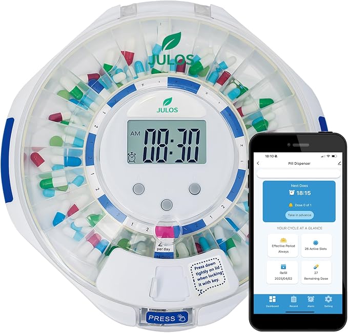 JULOS Bluetooth Automatic Pill Dispenser with Sound/Light/App Alerts for Seniors, Locked 28-Day Medication Organizer, up to 9 Alarms/Day, Pill Dispenser for Vitamins & Supplements & More, Clear Lid