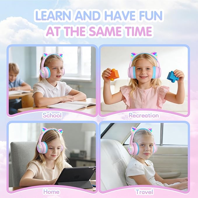 IFECCO Kids Wireless Headphones with Case,Cute LED Light Up Cat Ear Children Girls Bluetooth 6.0 Headphones Volume-limiting for School iPad Tablet Gifts