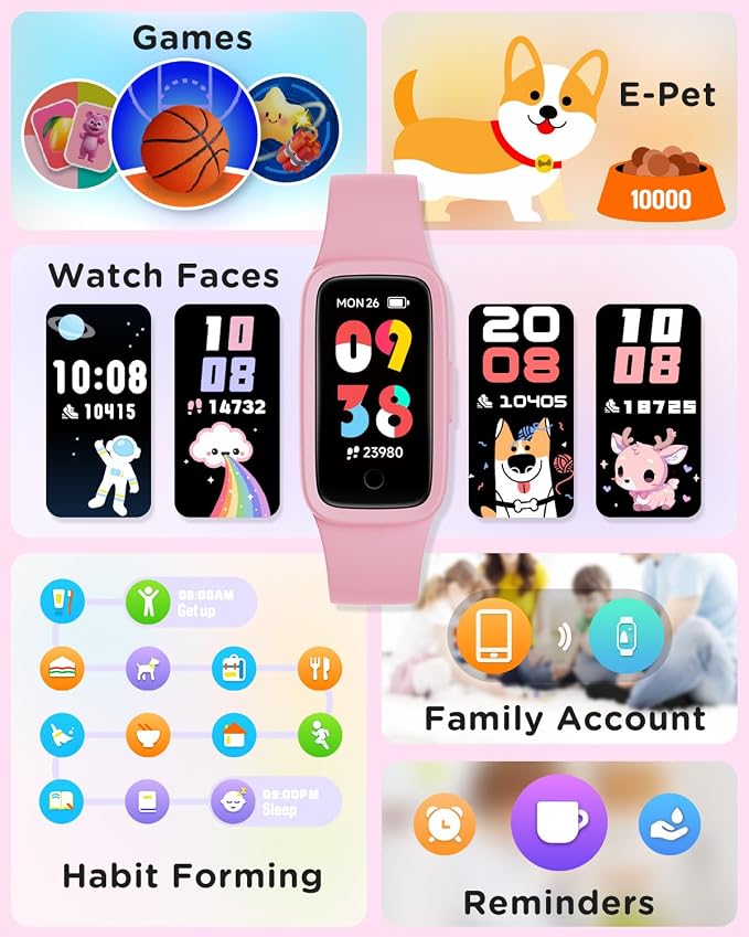 BIGGERFIVE Vigor 3 Kids Fitness Tracker Watch, AMOLED Screen, No App No Phone Needed, 3ATM Waterproof, Heart Rate and Sleep Monitor, Pedometer Watch, Sports Step Counter for Girls Ages 5-15, Pink