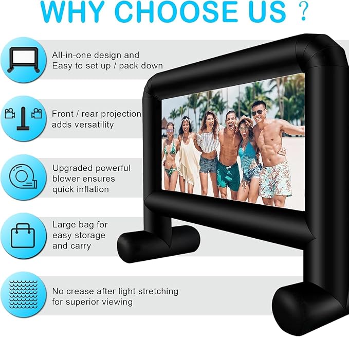 Inflatable Projector Screen Outdoor, 20FT Blow up Movie Screen Support Front & Rear Projection for Backyard Outdoor Movie Night Barbecue Pool Party with Blower and Carry Bag