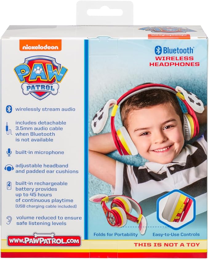 Paw Patrol Bluetooth Headphones for Kids, Volume Reduced Wireless Headphones for School Home or Travel (Paw Patrol Marshall)