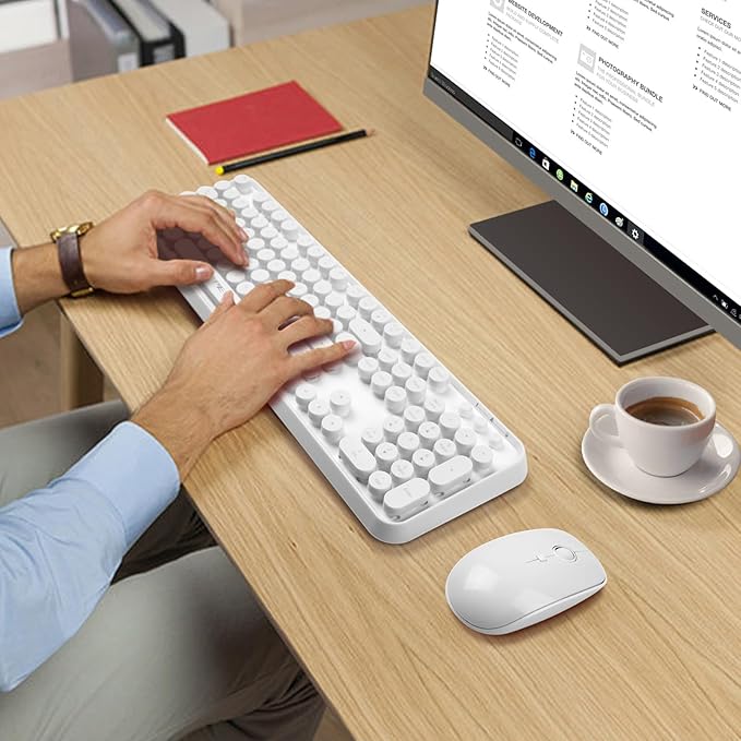 Wireless Keyboard and Mouse | Cute Colorful Keyboard and Mouse with 2.4GHz Cordless Retro Typewriter Keyboard | Auto-Sleep | USB Receiver for Windows PC/Laptop - White