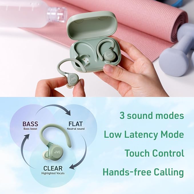 JVC Fitness Series True Wireless Sport Earbuds with Adjustable Hooks, Active Noise Cancelling, Ambient Sound Mode, IP57 Waterproof, 40hr Long Battery Life, App EQ, Low Latency, Mic HAEC75TG Green