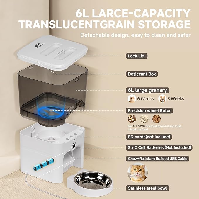 Automatic Cat Feeder with Camera, 6L Cat Food Dispenser, Scheduled Auto Pet Feeder, Smart App Remote Monitoring with Night Vision, 5G/2.4G WiFi, Low Food Alerts,2-Way Audio