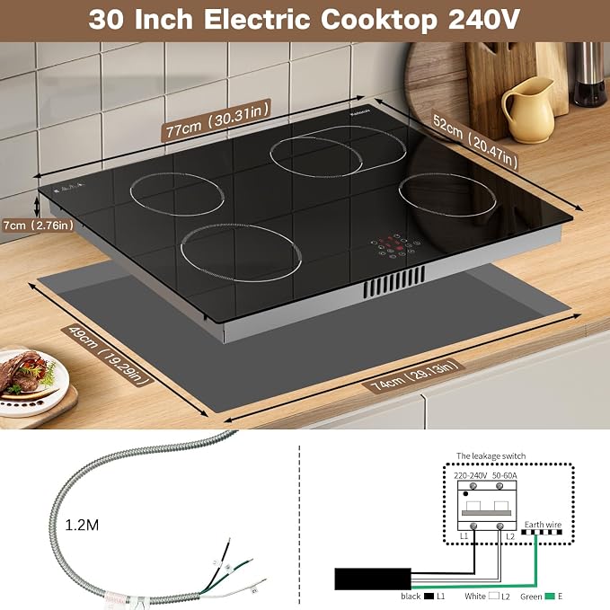 30 Inch Electric Cooktop Built-in Electric Stove Top, 4 Burner Electrics Stove 6400W, Touch Control, Extended Zone, Timer, Safety Lock, Pause, 220-240v, Hard Wire