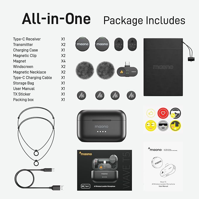 MAONO Wireless Lavalier Microphone for iPhone 17/16/15/Android/PC, USB C Mini Magnetic Lapel Mic with 48KHz 24Bit,Intelligent Noise Cancellation,One-Click Mute,30H Use for Video Record Podcast-Wave T5