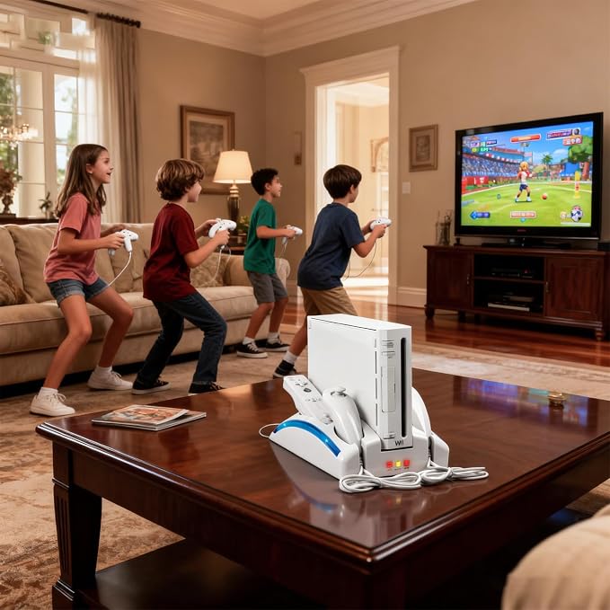Wii Console Game Organizer Station,Wii Remote Charger Stand Base, 2 Pcs Rechargeable Battery Compatible with Nintendo Console Nunchuk Kit (White)