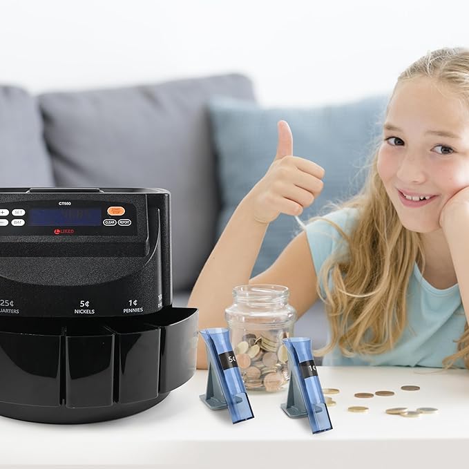 L LIKED Coin Counter and Sorter Machine Accurate sort for Nickels, Dimes, Quarters, Pennies, Dollars, Comes with 50 Performed Wrappers, 270 Coins/min, LCD Display