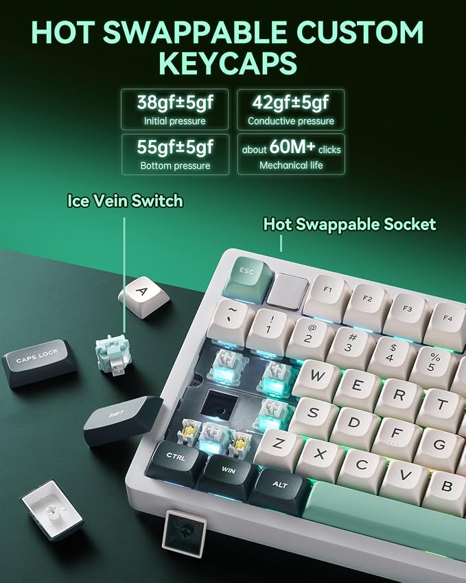 LEOBOG x Aula HI75C Pro PC Gaming Aluminum Alloy Keyboard,Bluetooth/USB-C/Wireless Tri-Modes Mechanical Keyboards,Hot Swappable Green Creamy Keyboard with Ice Vein Switch for Windows/Mac/Tablet Gamer