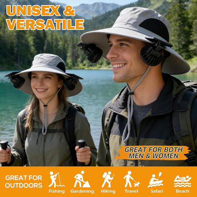 Wide Brim Sun Bucket Hat with 2 Solar Powered Fan for Men & Women | Waterproof & UPF 50+ Sun Protection Hat with Dual-Power Clip-On Cooling Fans for Outdoor Hiking Fishing Gardening