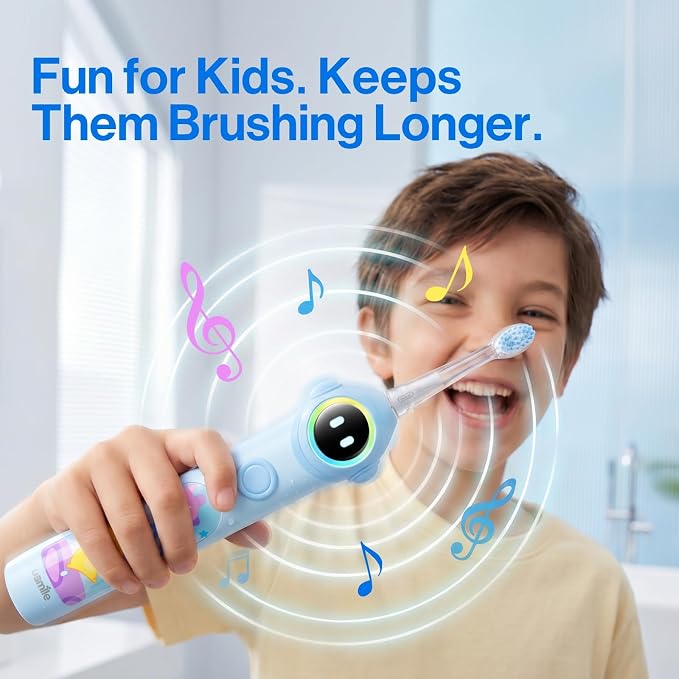 usmile Q30 Kids Sonic Electric Toothbrush, Voice-Guided Full-Mouth Coaching, Missed Spot Alerts & Smart App Reports, Extra-Soft Brush Heads, USB-C Rechargeable, IPX8 Waterproof (Ages 3–12, Blue)