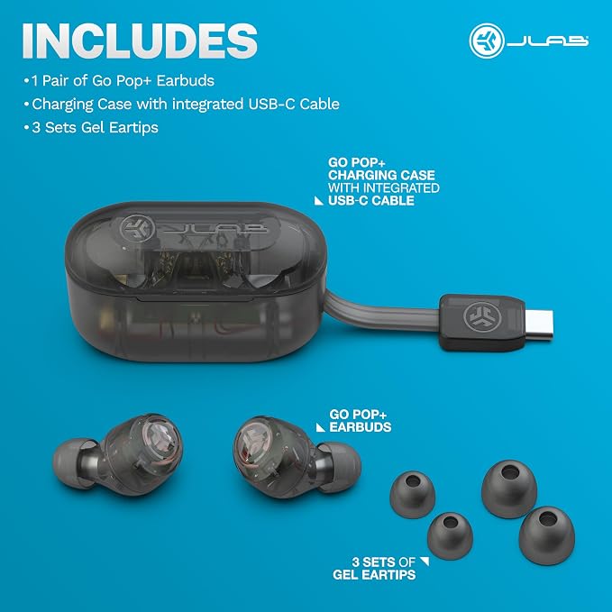 JLab Go Air Pop+, True Wireless Earbuds, Bluetooth Earbuds with Microphone, Dual Connect, EQ3 Sound, Clear