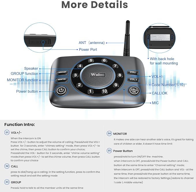 Hands-Free Intercoms Wireless for Home Business, Wuloo Upgrade Two Way Audio Intercom System for Elderly, Full Duplex Room to Room Intercom with 5280 ft Range Clear Sound Anti-Interference, 1-Pack